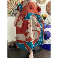 リメイク　本染　ワンピース ロング　派手　個性的　大漁旗　古旗Ｂ 着物リメイク 古布 手作り 大漁旗 ワンピース ワンピース
