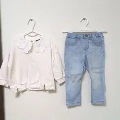 レース付き襟スウェットとデニムパンツセット訳あり90サイズ　セットアップ