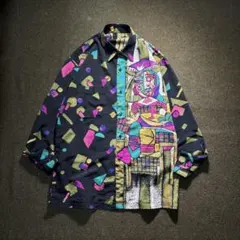 80s- ピカソ 総柄ポリシャツ アート柄 幾何学模様のサムネイル