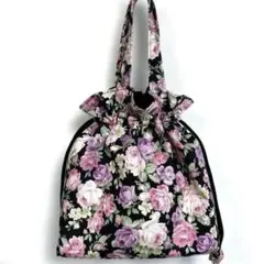 巾着トートバッグ　ローズ柄ブラック　手提げ　ハンドメイド