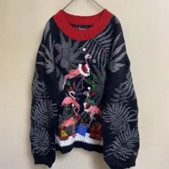 knb11 昭和レトロ　フラミンゴサンタレトロニット　羽　スパンコールL