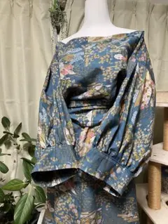 着物リメイク　ロングワンピース　一点物　ボートネック　オフショル気味