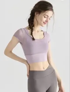 YOMOMENT フェイクレイヤード メッシュ切り替え 半袖 ブラカップ付き