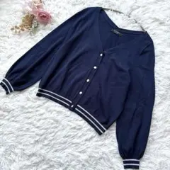 美品✨ジェットセットソロプラス Ｖネックカーディガン 紺 ラメ ボーダー F