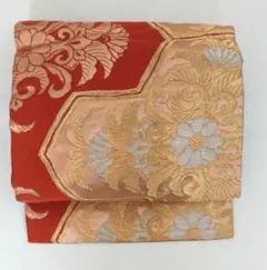 正絹 名古屋帯【リメイク素材・お稽古用】豪華 金糸 銀糸 唐花文様 朱色