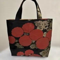 帯リメイク花柄トートバッグ 黒・赤・金、小さ目