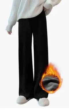 新品黒ワイドパンツ コーデュロイ 裏地ボア ゴムウエスト 暖パン レディース