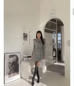 グレー ダブルボタン ツイード　ミニワンピース 長袖