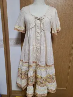 ピンクハウス ワンピース 花柄とギンガムチェックの裾 生成 PINKHOUSE