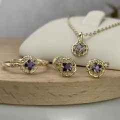 天然アメジスト リング ピアス ネックレス セット ゴールド アクセサリー