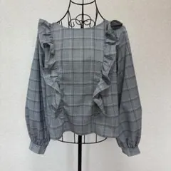 長袖カットソー　Lサイズ　バックリボン　フリル　グレンチェック系　ボリューム袖