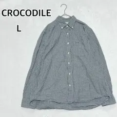 クロコダイル チェック柄 ボタンダウンシャツ（L）ネイビー系 希少 i6061