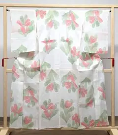 D◇着物くつろぎ 夏物 本場小千谷縮 花模様 白 麻 小紋 薄物 絽 紗 