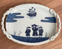 有田焼 紅窯 取手付き絵皿 染付 異人絵 両耳付き楕円皿 多目的皿 陶器