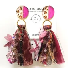 2way*ボルドーのレオパードのタッセルのピアス/イヤリング