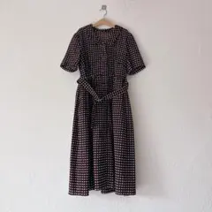 ビンテージ昭和レトロクラシカル古着ベルトつきブラウンチェックワンピース