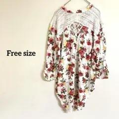 美品✨ 【フリーサイズ】 花柄 レース 五分袖 チュニック バックボタン レア