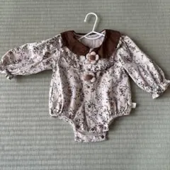 韓国　花柄　ロンパース 長袖 ベージュ・ブラウン