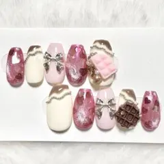 現品　ピンク系 リボン バレンタインデザイン ネイルチップセット
