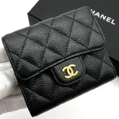 シャネル キャビアスキン マトラッセ 三つ折り財布 フラップ ブラック C166