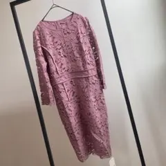 【新品】上品 総レース ドレスワンピース モーヴピンク 膝丈 結婚式 S相当
