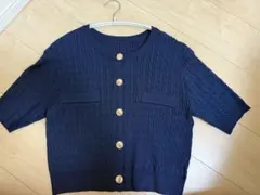 ネイビー ニットカーディガン 半袖 ショート丈 オフィスカジュアル