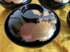 ＊POPOさま専用＊　　越前塗　越前漆器　二ツ菊蒔絵　御吸物椀　蓋付きお椀　５客