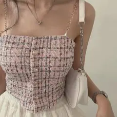 ツイードチェーン紐クロップドノースリーブ