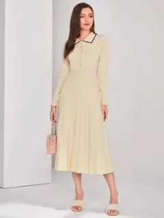 韓国　上品な襟付きニットワンピース 長袖 プリーツスカート ホワイト