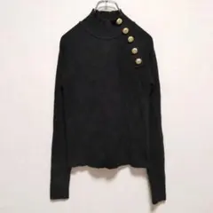 E1666 ZARA 金ボタン　ハイネック　リブニット　セーター　ブラック　長袖