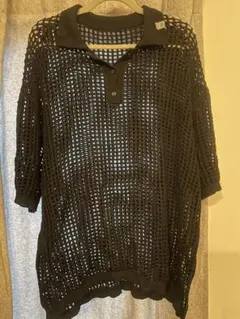 メッシュ編み ブラックポロシャツ Lサイズ