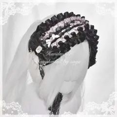 ♡ No.5 ドット柄フリル姫系リボンヘッドドレス black×pink ♡