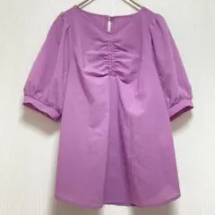 【イノウェーブ】Vネック 半袖ブラウス バルーンスリーブ パープル シャツ 夏