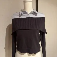 【ダーリッチ】シャツドッキングオフショルニットトップス チャコールグレー