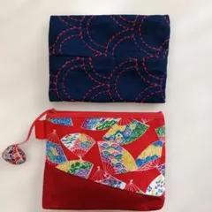 和柄赤ポーチ＆ティッシュ入れ ネイビー