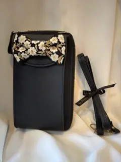 スマホショルダー　財布　花柄　刺繍　リボン