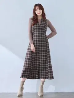 【美品】OVER E ポリニージャンパースカート ブラウンチェック 96サイズ