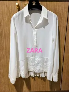 ZARA BASIC ホワイト ブラウス レース プリーツ Mサイズのサムネイル