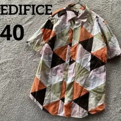 EDIFICE パッチワークシャツ　40 幾何学　オレンジ　白　ピンク　茶　遊びのサムネイル
