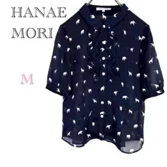 ▼ハナエモリ 森英恵【M】半袖ブラウス 猫柄プリント 総柄 日本製 夏服トップス