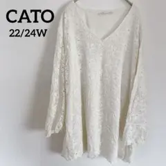 CATO 【22/24W】レース Vネック 長袖トップス　白　ホワイト