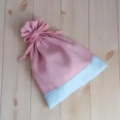 SALE　大きめ巾着袋☆オレンジのギンガムチェック　ポケット付き　手洗い可685