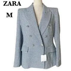 新品 訳あり ZARA ザラ チェック ダブルブレストジャケット M ブルー系