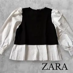 【美品】ZARA 異素材 ドッキングブラウス L プリーツ 上品のサムネイル