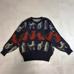 個性的♡レトロ♡ヴィンテージ♡犬柄 総柄 ニット セーター ネイビー 長袖