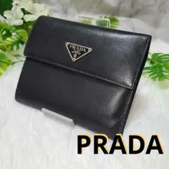 美品☆PRADA プラダ ブラック 三つ折り財布 サフィアーノ レザー 三角ロゴ