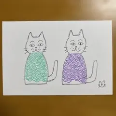 36.ツインズ鱗猫 グリーン＆パープル（ペン画、色鉛筆）