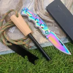 ✴️折り畳み虹色サバイバルナイフ150mm+ファイヤースターター(海老鉈)①