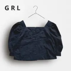 Y7358【GRL】パフスリーブ 刺繍ブラウス ショート丈 五分袖 黒 M