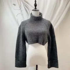 美品 F ダークグレー リブ編みクロップド丈 タートルネックセーター